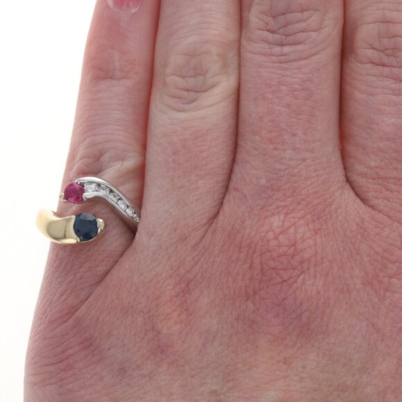 White Gold Sapphire Ruby Diamond Ring - 14k Round .97ctw Two-Stone Bypass SZ 5 - Picture 2 of 6